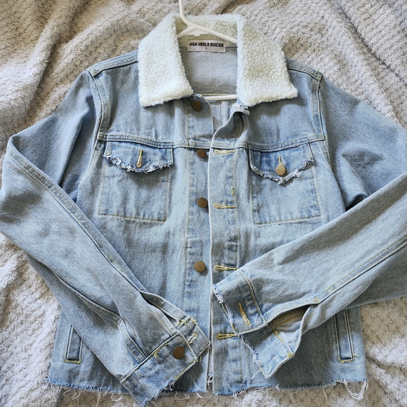 Denim Jacket with White Sherpa Collar High Heels Sucide Jacket Hotmess - Picture 1 of 8